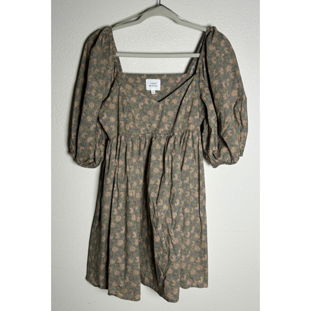 Things Between Cottage Green Floral Long Balloon Sleeve Mini Dress, Size M